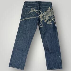 Maharishi Dragon Embroidered Jeans Hemp Cotton Denim Dark Wash Mens XL 36 x 30